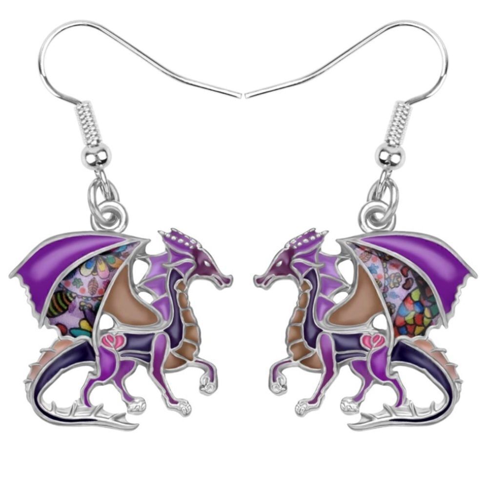 Silver and Multicolor Enamel Mythical Dragon Dangling French Wire Hook Earrings